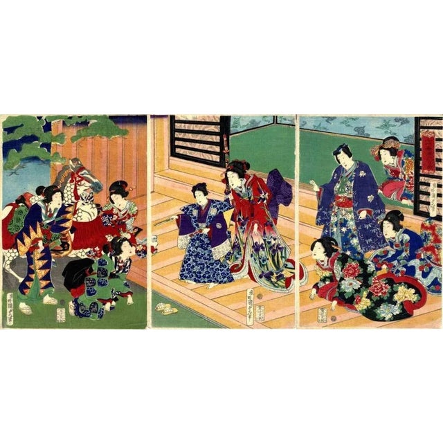 Bijinga is an original modern artwork realized by Utagawa Kunisada II in 1869 Woodcut Print Oban Tryptich Format. Title...