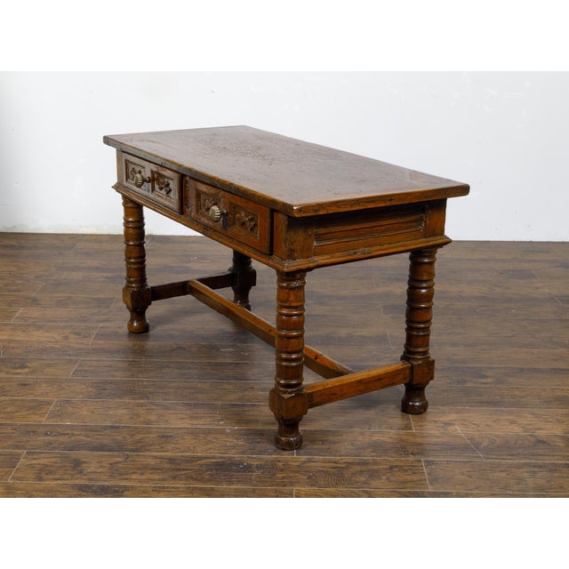 18th Century Spanish Walnut Console Table with Carved Drawers and Baluster Legs For Sale In Atlanta - Image 6 of 12