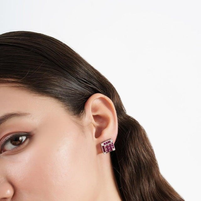 Art Deco Natural Ruby & Diamond Square Stud Earrings in Sterling Silver, A Pair For Sale - Image 4 of 12