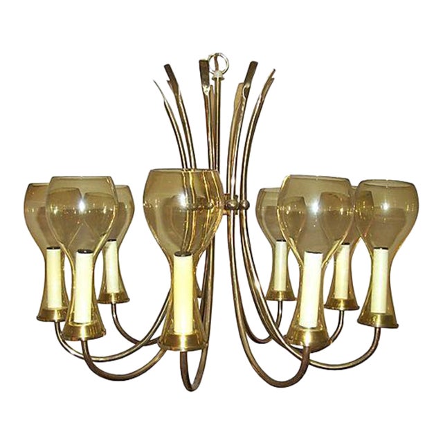 Mid-Century Brass Chandelier 9 Light Amber Glass For Sale