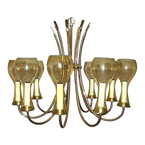 Mid-Century Brass Chandelier 9 Light Amber Glass