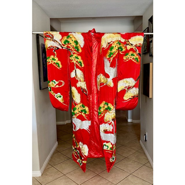 Vintage Red Brocade With Flying Cranes Japanese Ceremonial Kimono For Sale - Image 18 of 18