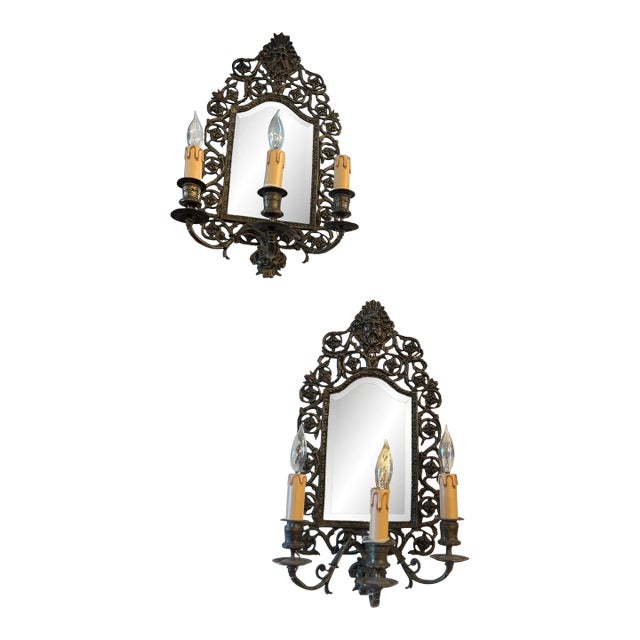 Pair of Late 19th Century American Gilt Bronze & Beveled Mirror Wall Sconces For Sale