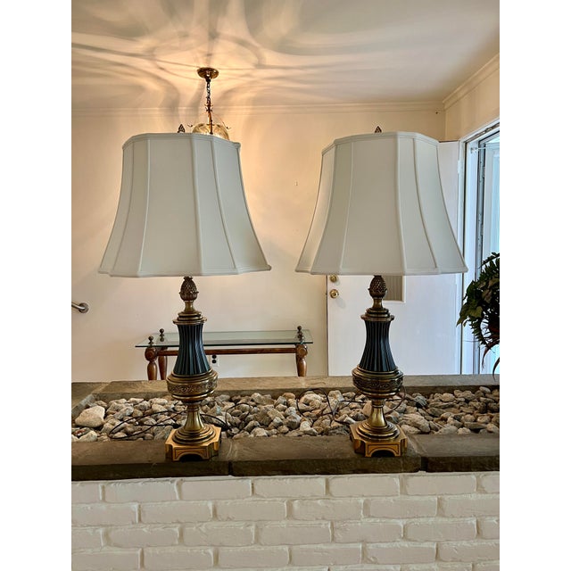 1960s Vintage Brass Pineapple Table Lamps Lighting in Black With Brass With Shades - a Pair For Sale - Image 5 of 9