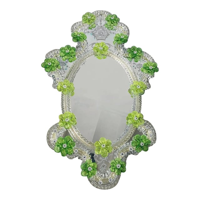 Venetian Oval Green Floral Hand-Carved Mirror by Simoeng for Simoeng For Sale - Image 6 of 6