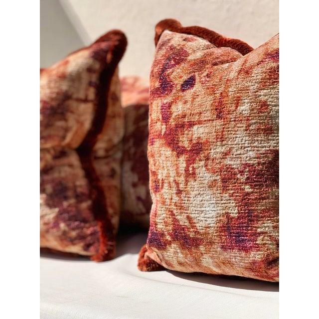 Pair New Pillows: Sumptuous Variegated Orange Boucle Velvet With Triple Ply Silk Moss Fringe. 50/50 Down Fill All New For Sale - Image 10 of 12