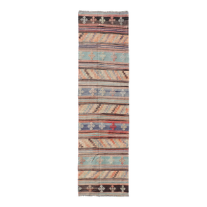 Vintage Turkish Kilim Runner in Geometric Design & Colorful Stripes 2'10 X 11'3