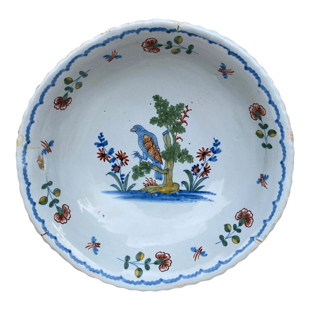 18th Century Large French Faience Parrot Bowl La Rochelle For Sale