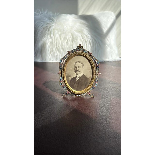 Bronze Antique Colorful Enamel Bronze Photo Frame With Black and White Picture of a Gentleman From 19th Century For Sale - Image 8 of 10
