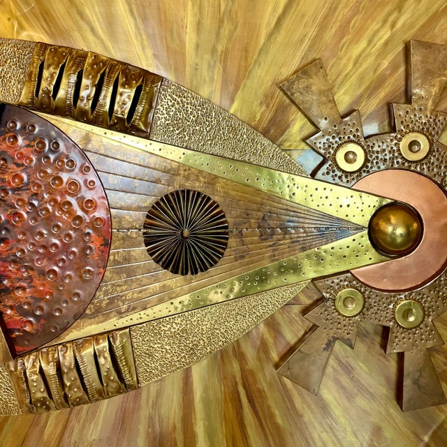 Brutalist art piece made of hammered and folded brass and copper, assembled in volume and texture. Attributed to stephen...