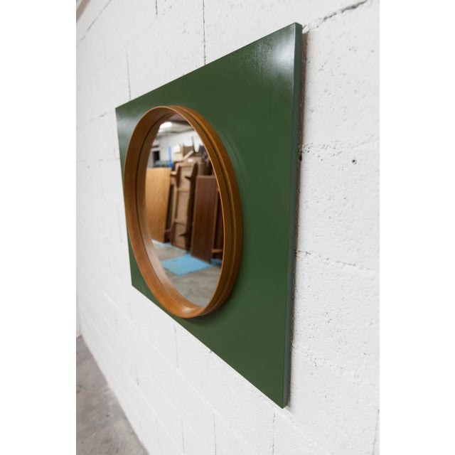 Wood Round Teak Wall Mirror on Green Rectangular Board, 1960s For Sale - Image 7 of 18