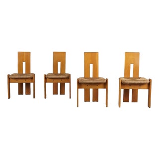 Postmodern Sculptural Oak and Rush Seat Dining Chairs, 1970s, Set of 4 For Sale
