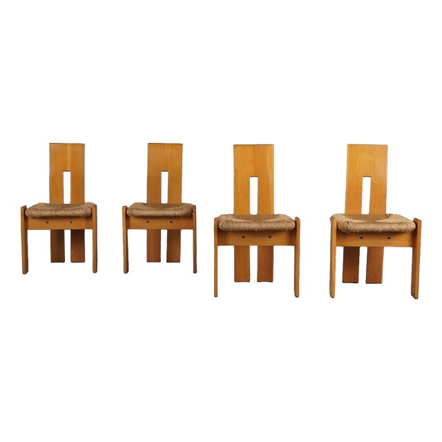 Postmodern Sculptural Oak and Rush Seat Dining Chairs, 1970s, Set of 4 For Sale