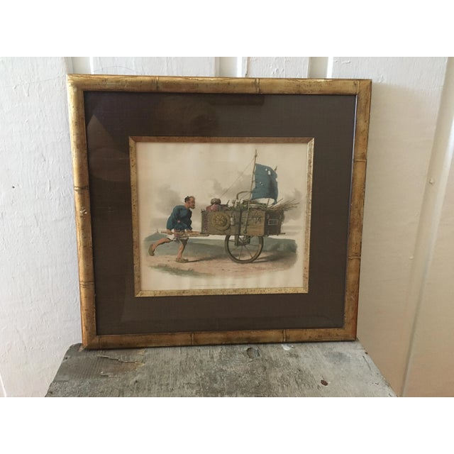 Glass 1799 Hand Colored Engraving of Chinese Merchant With His Cart of Wares. Framed. For Sale - Image 7 of 7