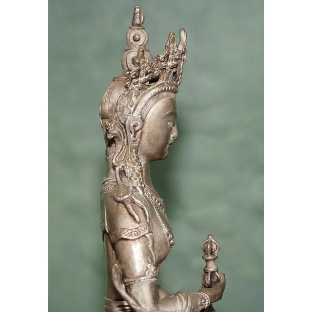 Tibetan Silvered Metal Buddhist Deity Figure Statue on Lotus Base For Sale - Image 12 of 18