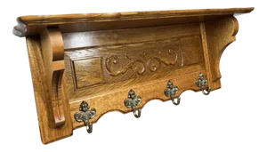 Vintage French Carved Oak 4-Hook Coat Rack