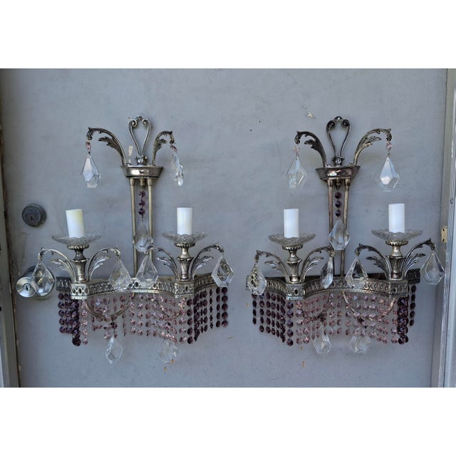 Spectacular 1940's Hollywood Regency Pair of Amethyst & Pink Cut Austrian Crystal Wall Sconces. Very detailed, sprays,...