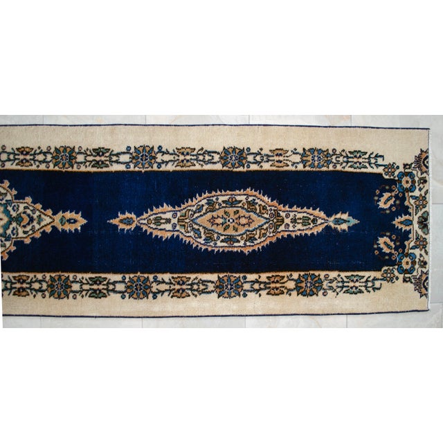 Navy Blue Hand-Knotted Runner Rug Navy Blue Rustik Hallway Decor Oushak Rug 3x11 Ft Approx For Sale - Image 8 of 13