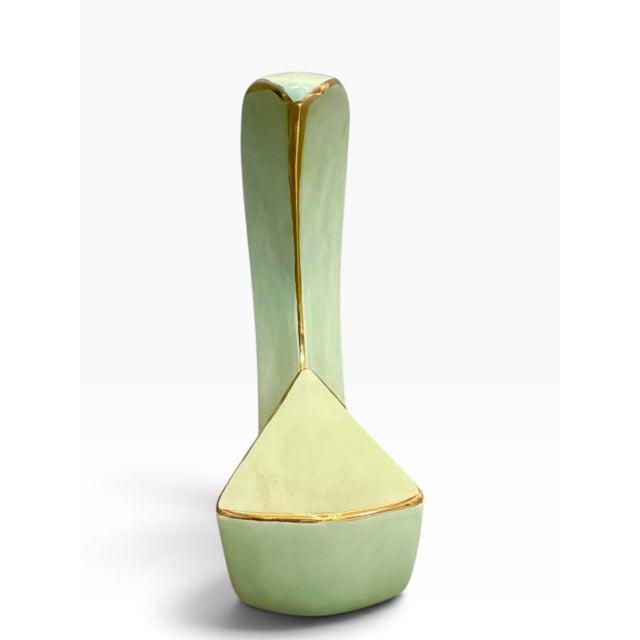 McRon Signed Postmodern Ceramic Crescent Vase – Celadon & Gold Luster – 1984 – 20" For Sale - Image 4 of 7
