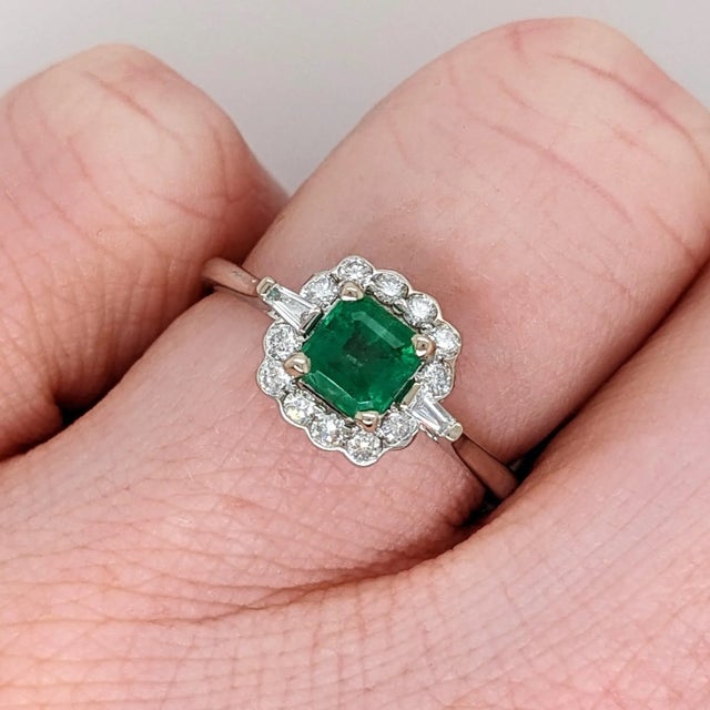 Metal Zambian Emerald With Earth Mined Diamonds in Solid 14k White Gold Asscher 5mm For Sale - Image 7 of 9