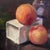 Two Peaches by Yana Beylinson | Oil on Board Still life of two peaches on a white box. For Sale