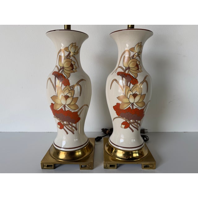 1970s 1970's Vintage Chinoiseries Style Floral Lotus Motif Ceramic Table Lamps - A Pair For Sale - Image 5 of 15