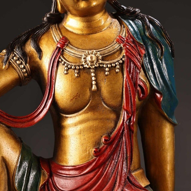 Bronze Late 19th Century Polychrome Bronze Guanyin Statue, Seated Bodhisattva, 2.25kg For Sale - Image 8 of 9