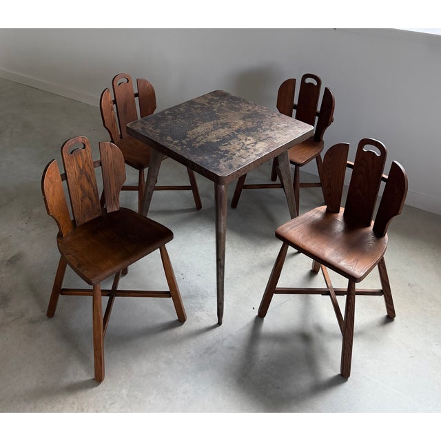 Pierre Chapo (4) Brutalist Oak Chairs Chalet-Style (After Puydt) + Steel Tolix Game Table, Set of 5 Pieces For Sale - Image 4 of 12
