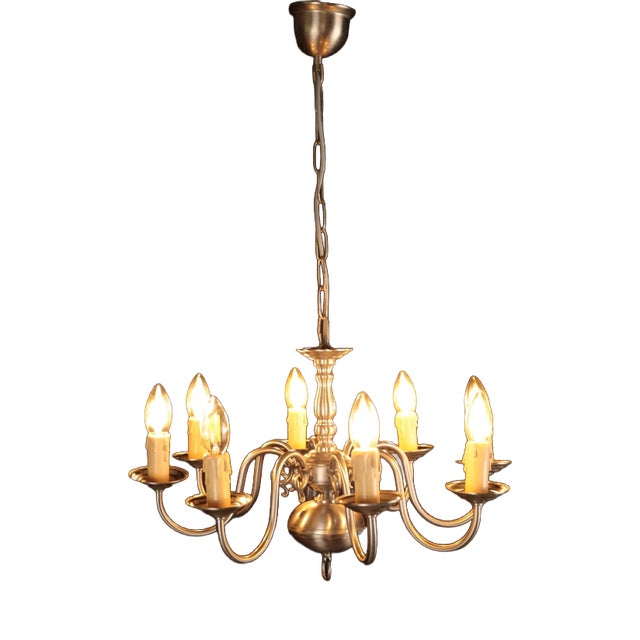 Vintage Low Eight-Arm Chandelier in White Brass For Sale