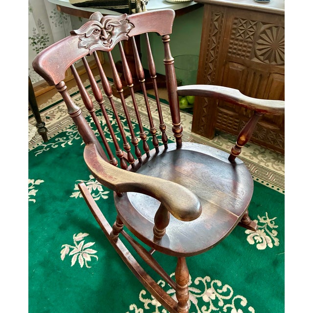 Antique Victorian Folk Art Face Crest Rocking Chair, Solid Wood Armchair, Late 19th Century Greenman For Sale In Seattle - Image 6 of 12