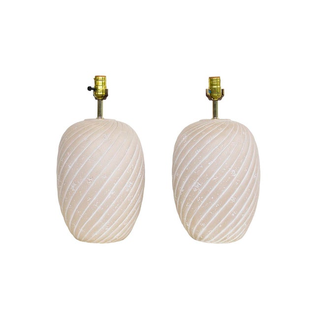 USA, 1980s 1980s Sand Swirl Ceramic Table Lamps. Nice texture and soft color on these. They come with new off white linen...