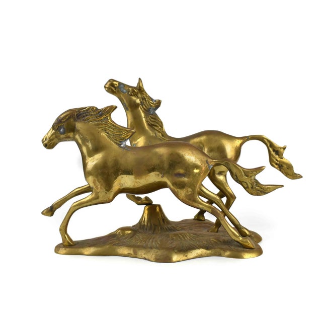 Metal Vintage Solid Gold Brass Running Wild Horses Equestrian Décor Figurine Model For Sale - Image 7 of 7