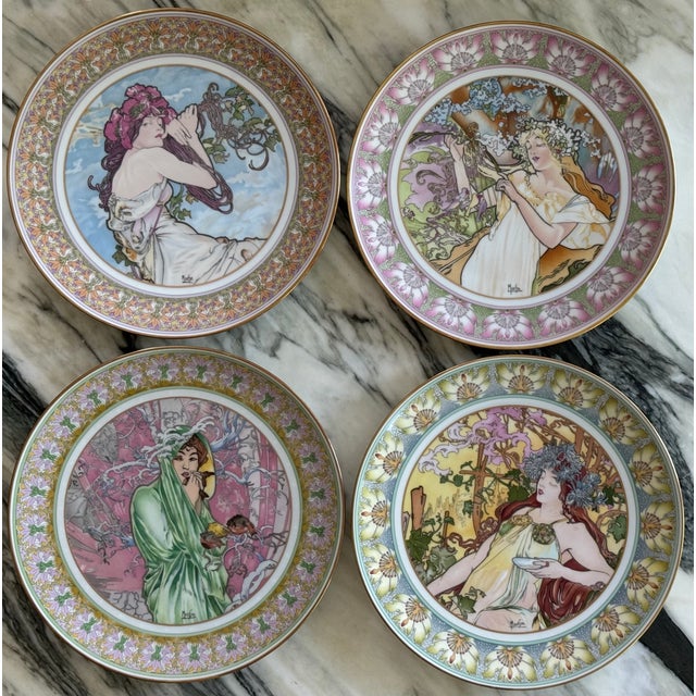 1980s 1985 Alphonse Mucha Art Nouveau Ladies of the Seasons Decorative Wall Plates - Set of 4 For Sale - Image 5 of 18