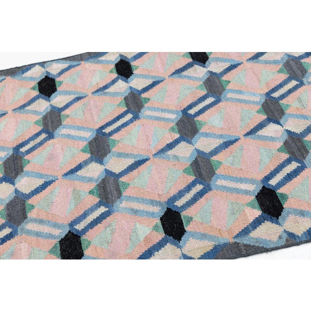 Modern Handmade Pastel Kilim Wool Runner – Flatweave Geometric by Apadana For Sale In New York - Image 6 of 10