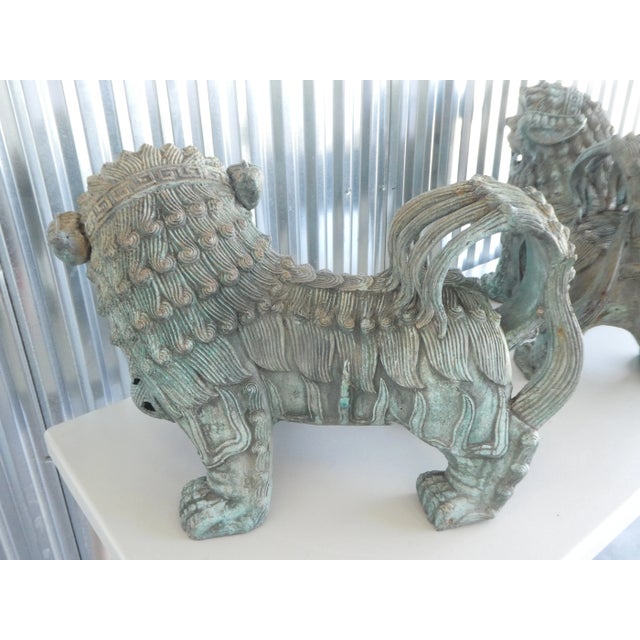 Vintage Chinese Vert De Gris Bronze Foo Dogs- a Pair For Sale In Miami - Image 6 of 12
