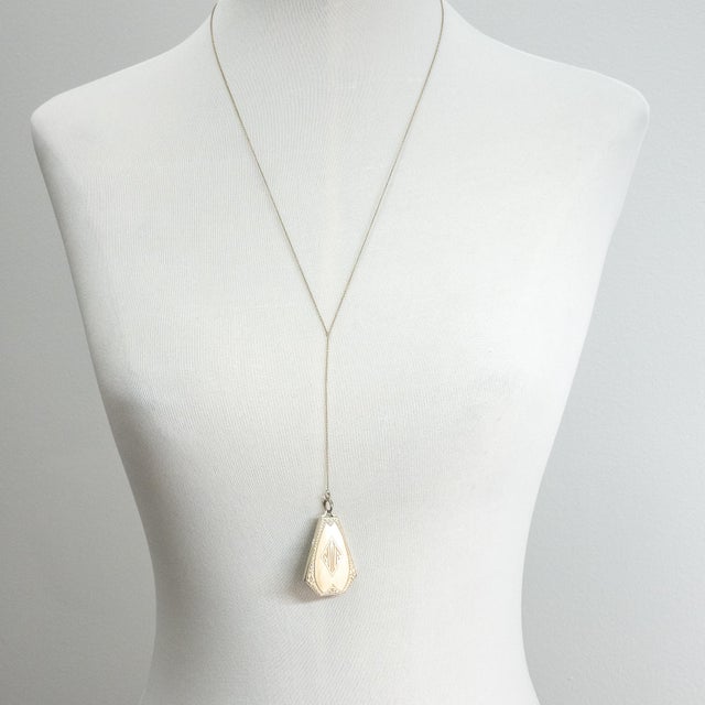 Rare Art Deco 14K white gold onyx memorial Locket with 1 old European cut diamond on 14K white gold chain necklace...