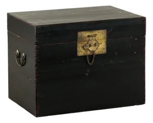 Vintage Chinese Black Lacquered Trunk with Brass Hardware and Side Handles