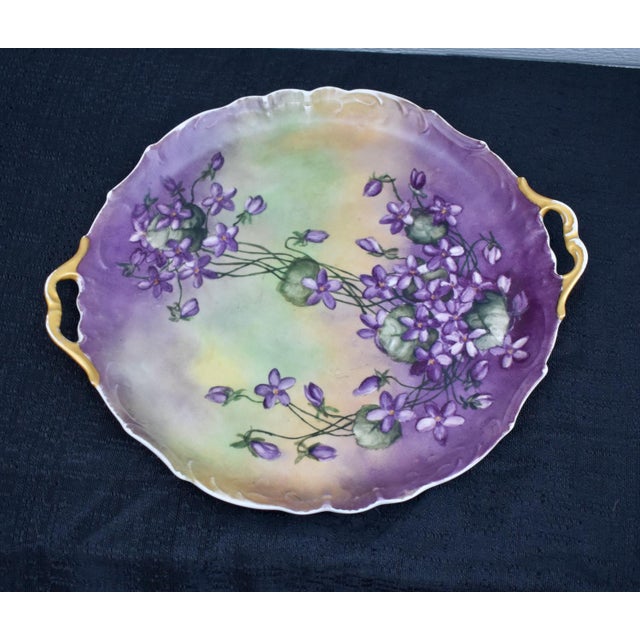 Antique : Early 20th Century Decorative Hand Painted Floral Cake Plate with Handles by Jean Pouyat Limoges. Made of...