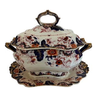 Antique Staffordshire Style Ironstone Valentia” Imari Transferware Covered Tureen & Platter For Sale