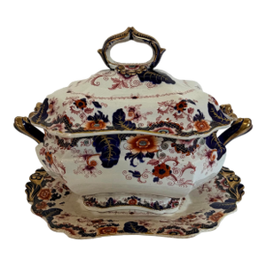 Antique Staffordshire Style Ironstone Valentia” Imari Transferware Covered Tureen & Platter