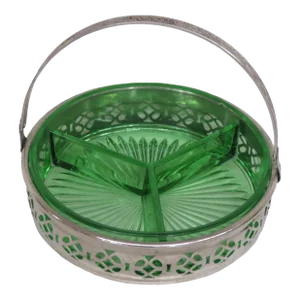 Green Depression Glass Divided Candy Relish Dish With Chrome Basket Tray