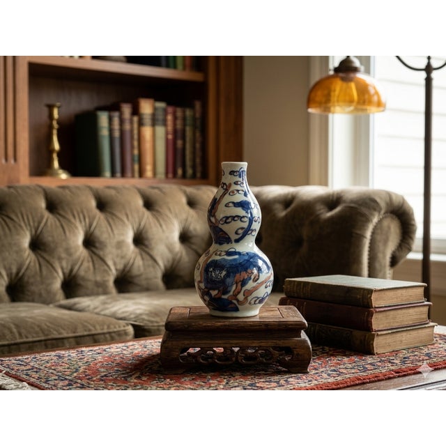 Blue 6" Blue White Foo Dog Lion Graphic Small Porcelain Gourd Shape Vase For Sale - Image 8 of 8