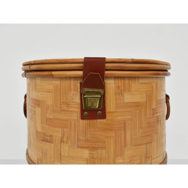 1970s Italian Closed Rattan Basket with Leather Details, 1973 For Sale - Image 5 of 9