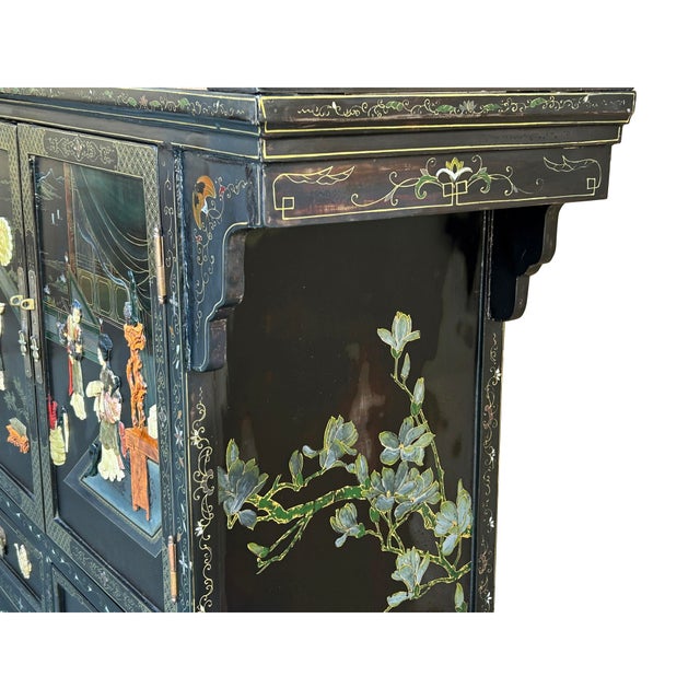 Vintage Chinoiseries Black & Stone Inlay Graphic Credenza Storage Cabinet For Sale - Image 11 of 12