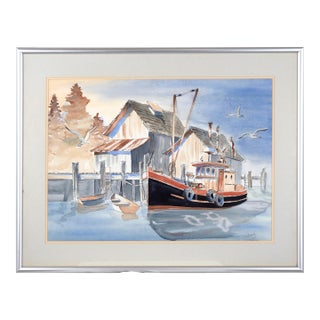 "The Lulu" - Harbor Seascape in Watercolor on Paper by Anne Ormsby For Sale