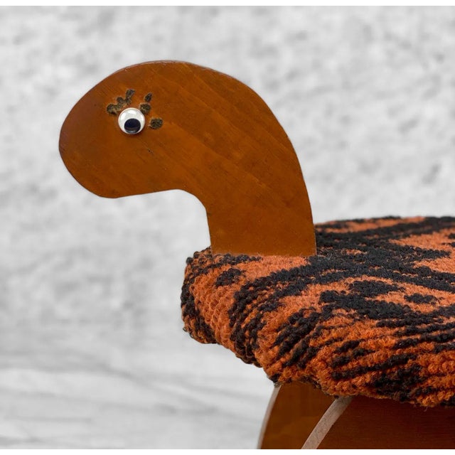 Wood Vintage Boho Orange Argyle Wood Carved Turtle Footstool Ottoman For Sale - Image 7 of 9