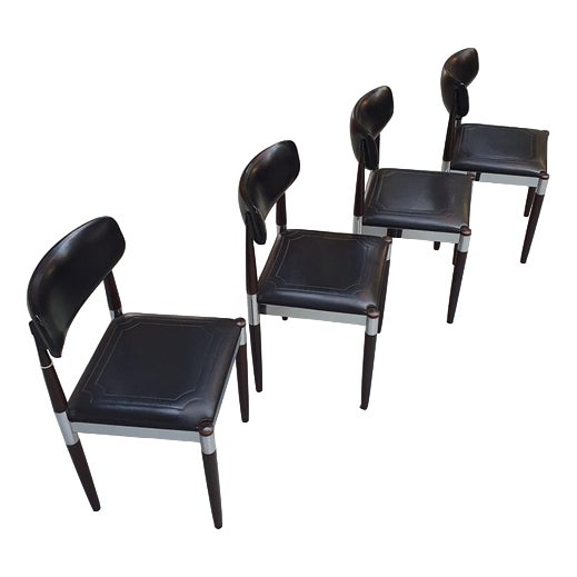 Dining Chairs in Chrome, Wood and Vinyl, Set of 4 For Sale