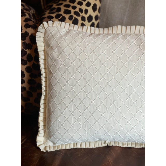 Textile Vintage Cream Colored Diamond Pique Rectangle Bolster Pillow With Trim For Sale - Image 7 of 9