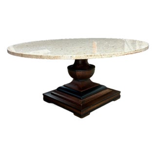 Vintage Mid-Century Italian Marble and Wood Pedestal Coffee Table - Ivory Round Top & Sculptural W For Sale