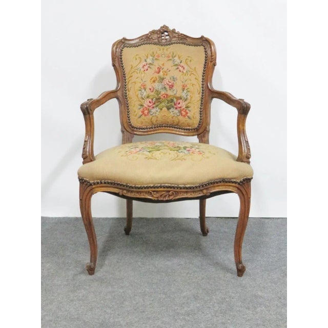 French Carved Walnut Needlepoint Armchair For Sale In Philadelphia - Image 6 of 6
